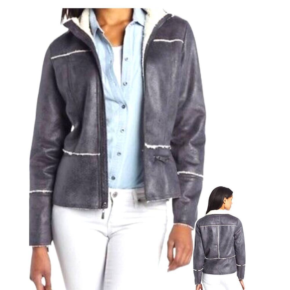prAna Gray Faux Suede Cream Sherpa Lined “Esme” Moto Jacket Women’s Size Medium